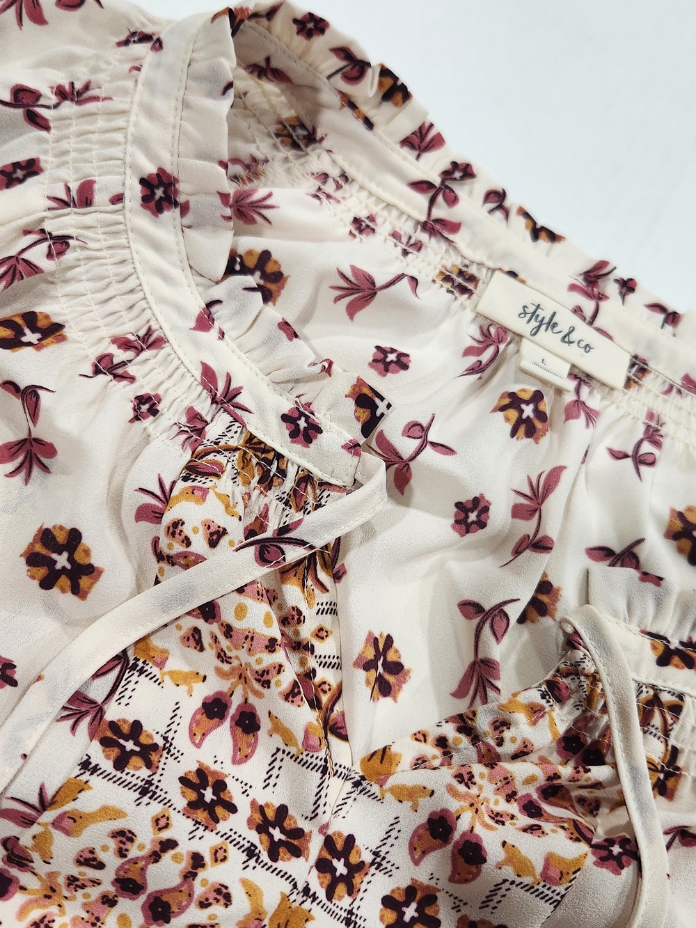 Style & Co Womens Large Ivory Floral Long Sleeve Peasant Top